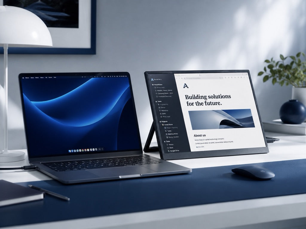 VIUSEE Pro 13.5 portable monitor connected to MacBook — dual-screen setup with USB-C connection