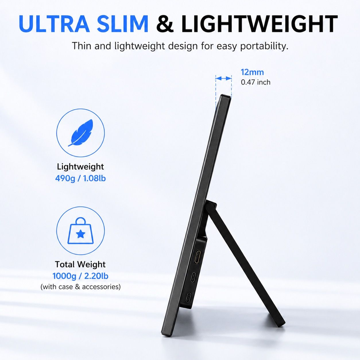 13.5 Inch 2.2K Portable Monitor - IPS 2256x1504 USB-C Display with Built-in Stand close-up of USB-C and HDMI ports - VIUSEE