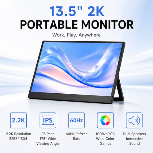 13.5 Inch 2.2K Portable Monitor - IPS 2256x1504 USB-C Display with Built-in Stand angled view showing display and stand - VIUSEE